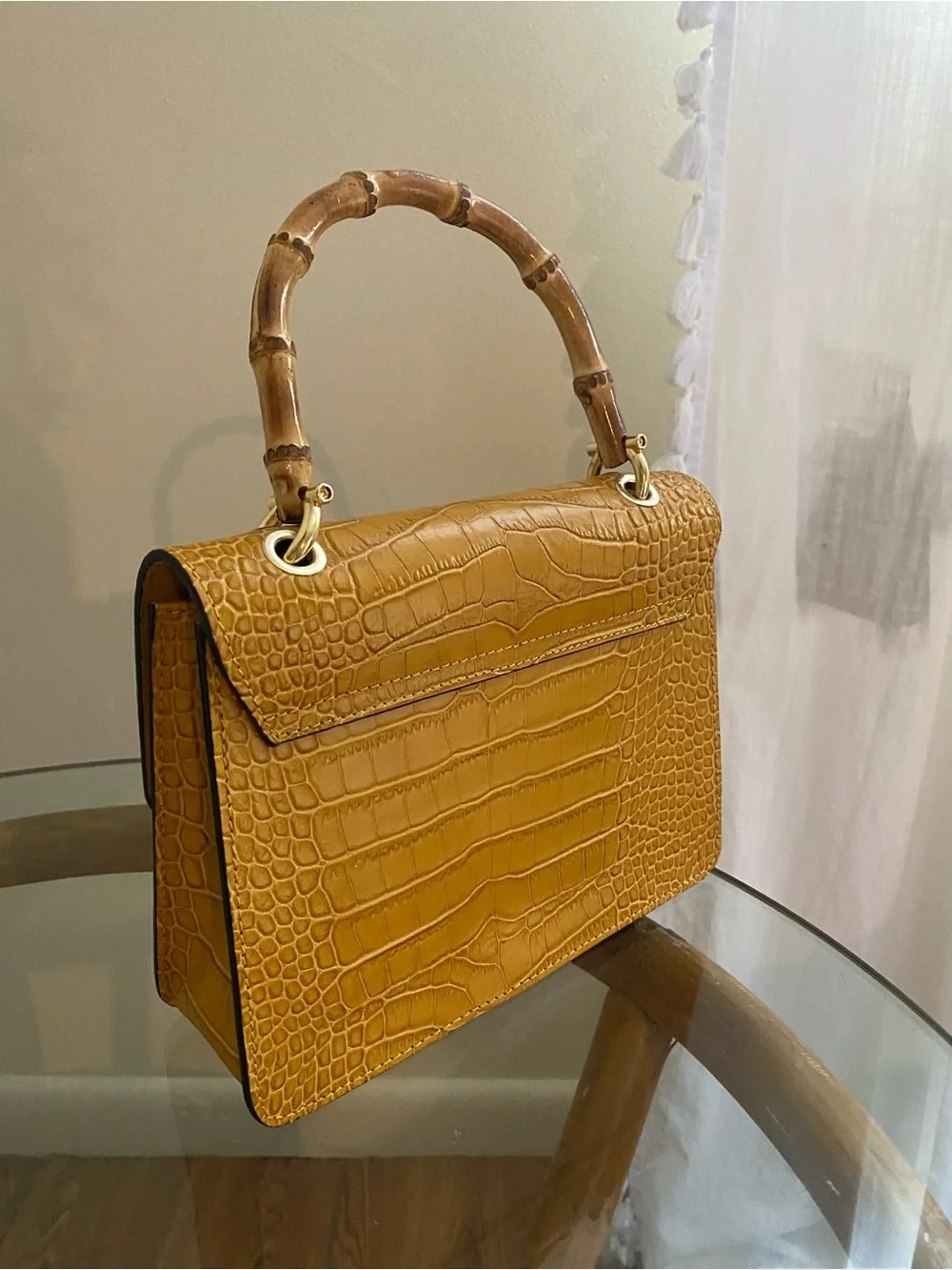 Italian Leather Mustard Croc-Embossed Bamboo Handle Bag